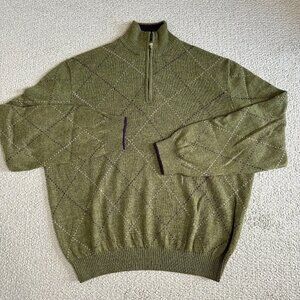 Vtg Bobby Jones Collection 1/4 Zip Merino Wool Sweater XL Green Argyle Golf